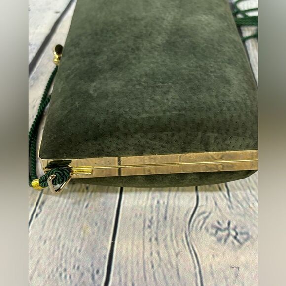 Sorpresa! Vintage Dark Green Suede Leather Evening Clutch Frame Clasp Purse - Picture 7 of 15